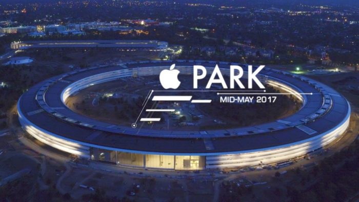 Apple Park: Überflug im Sonnenuntergang.